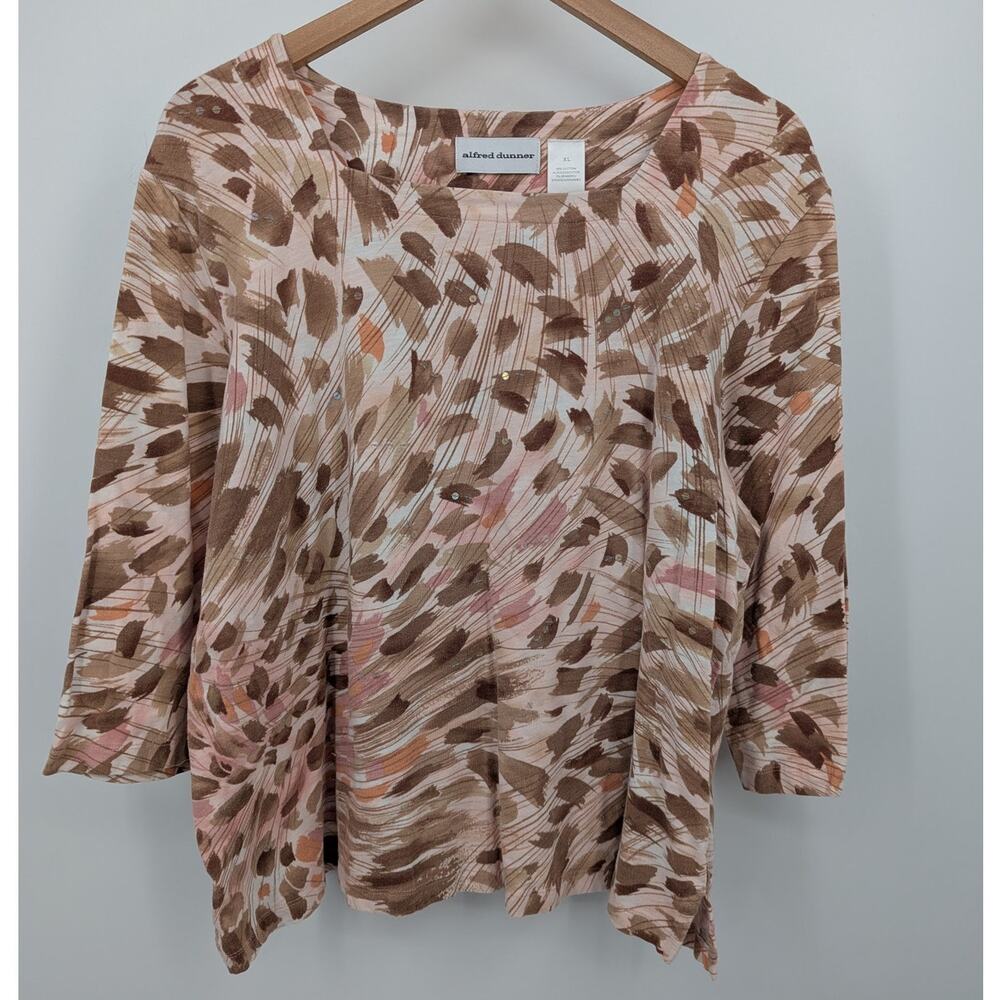 Alfred Dunner XL Abstract Print Top Brown Pink Stretch Cotton 3/4 Sleeve Boho